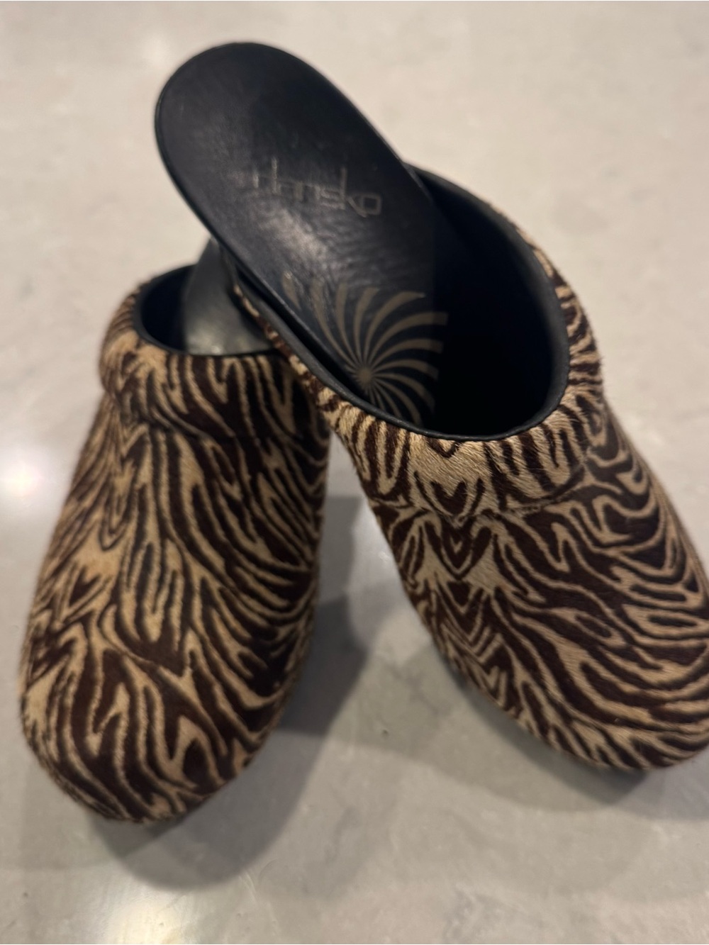 Dansko Rae Calf Hair Heeled Mules Brown and Cream Zebra-Print Clogs - Picture 2 of 8